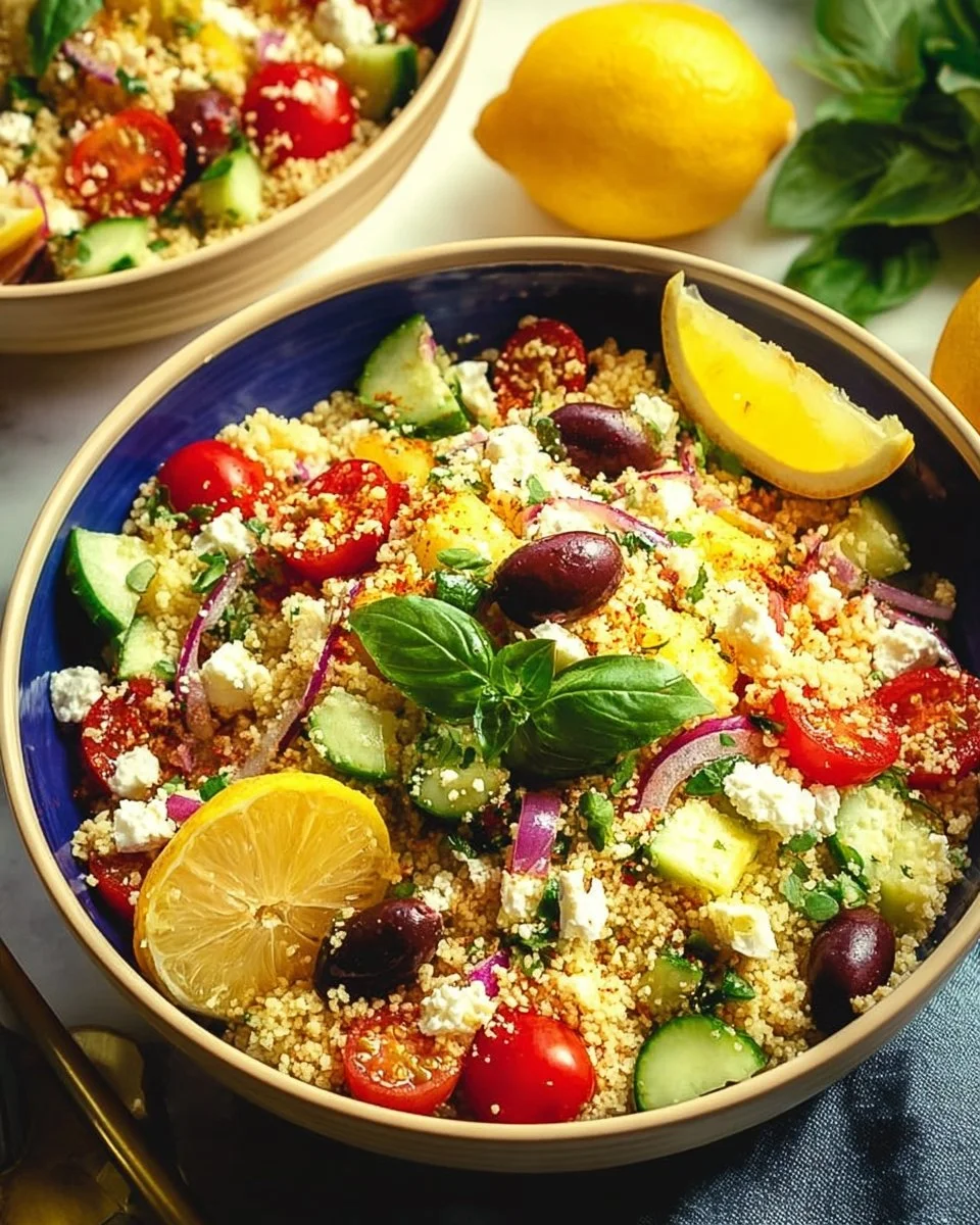 Delicious Mediterranean Couscous Salad with Feta cheese, colorful vegetables, and herbs