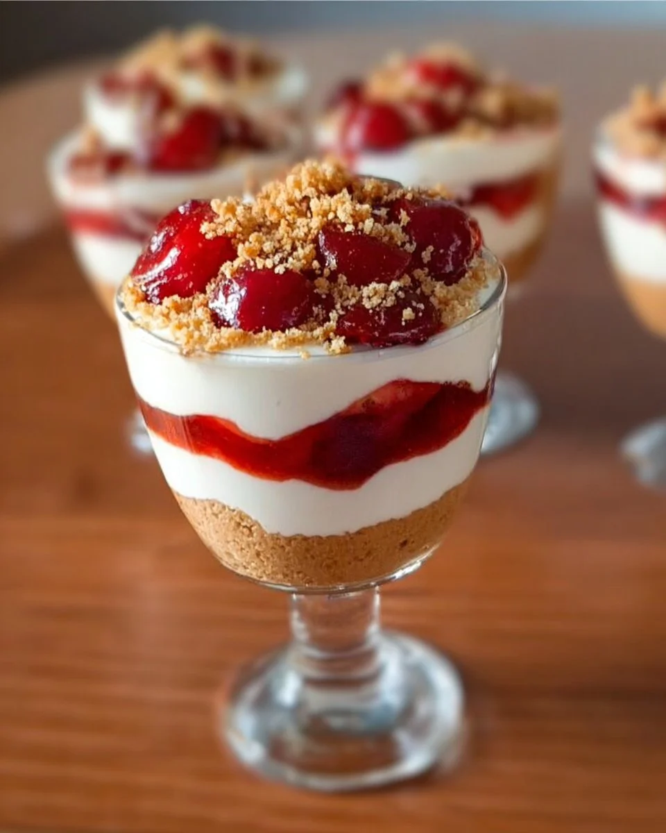Delicious no-bake cheesecake parfait layered with fruits and cream