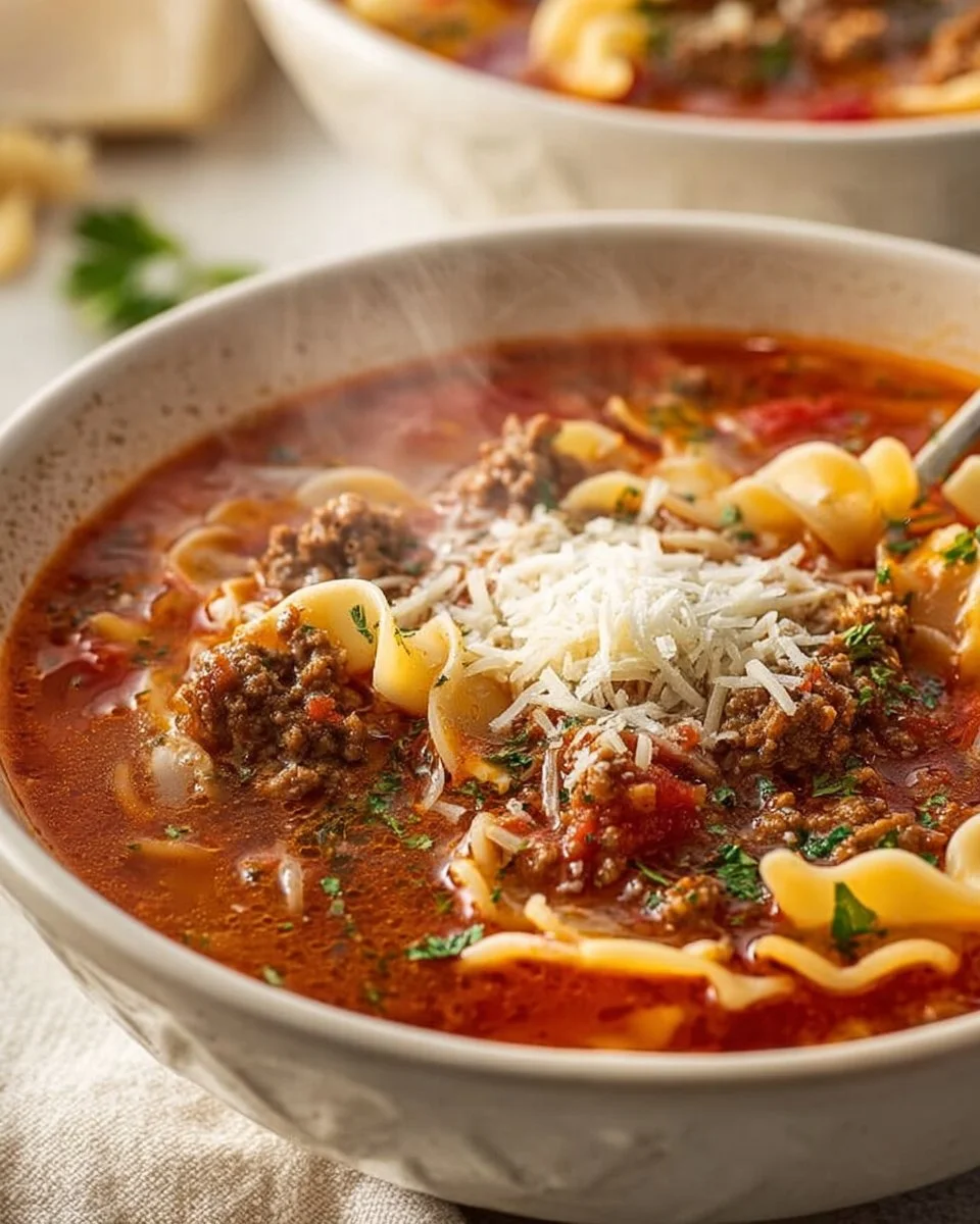 Delicious bowl of One Pot Lasagna Soup garnished with cheese and basil.