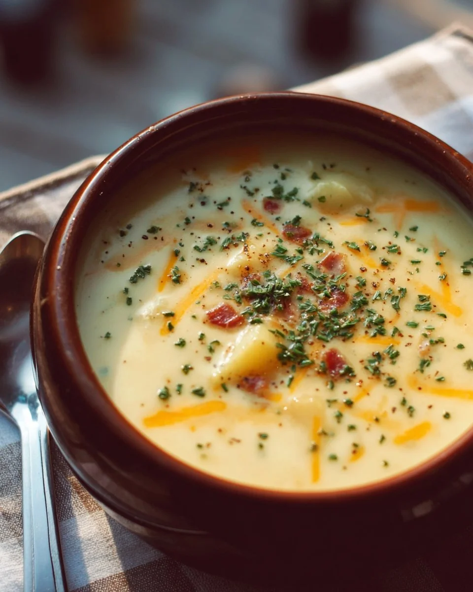 Creamy Outback potato soup served in a bowl with garnishes.