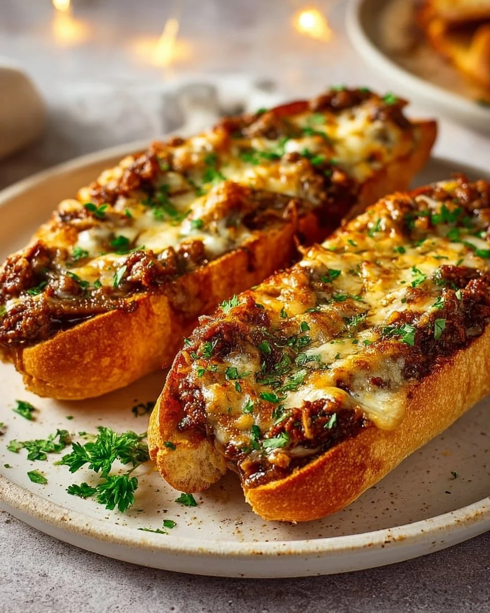 Oven-baked minced meat baguettes, golden and delicious, ready to serve