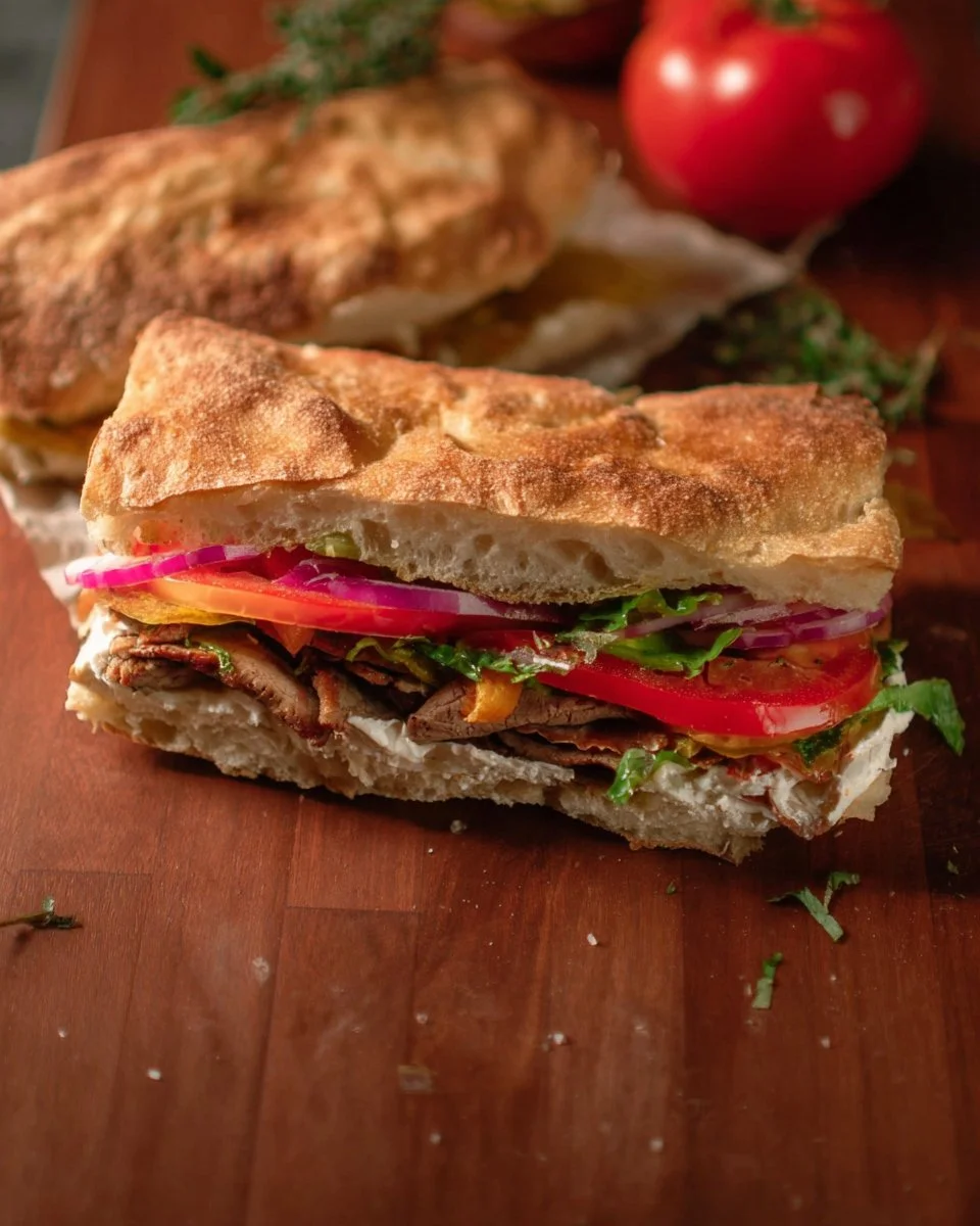 Oven Shawarma Focaccia Sandwich topped with fresh ingredients and spices