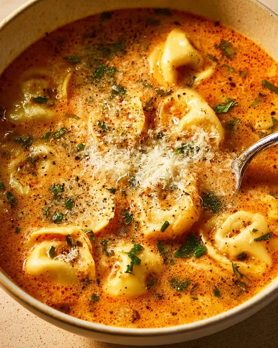 Bowl of Parmesan Tomato Tortellini Soup with fresh herbs and Parmesan cheese