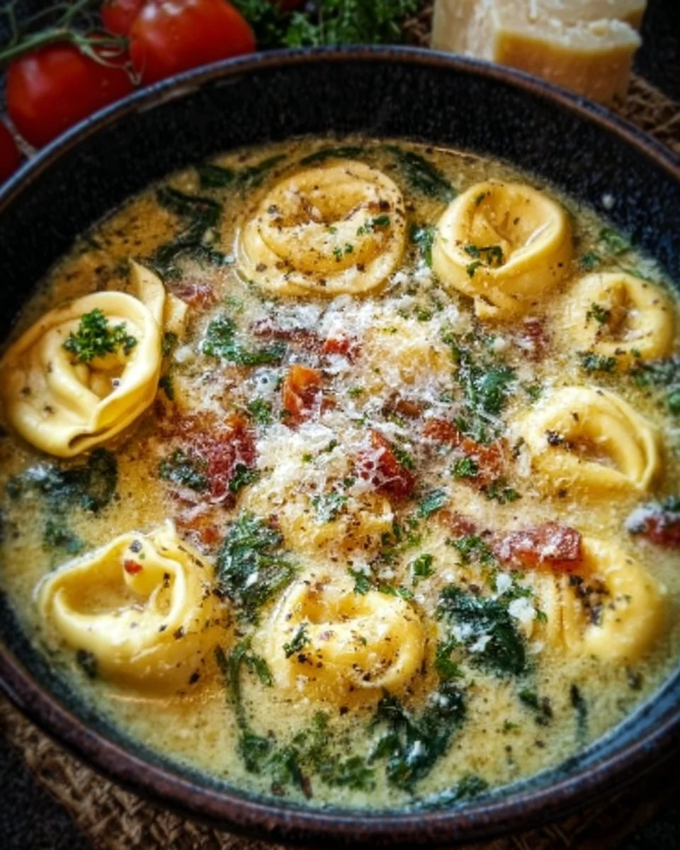 Delicious bowl of Parmesan Tortellini Soup garnished with herbs