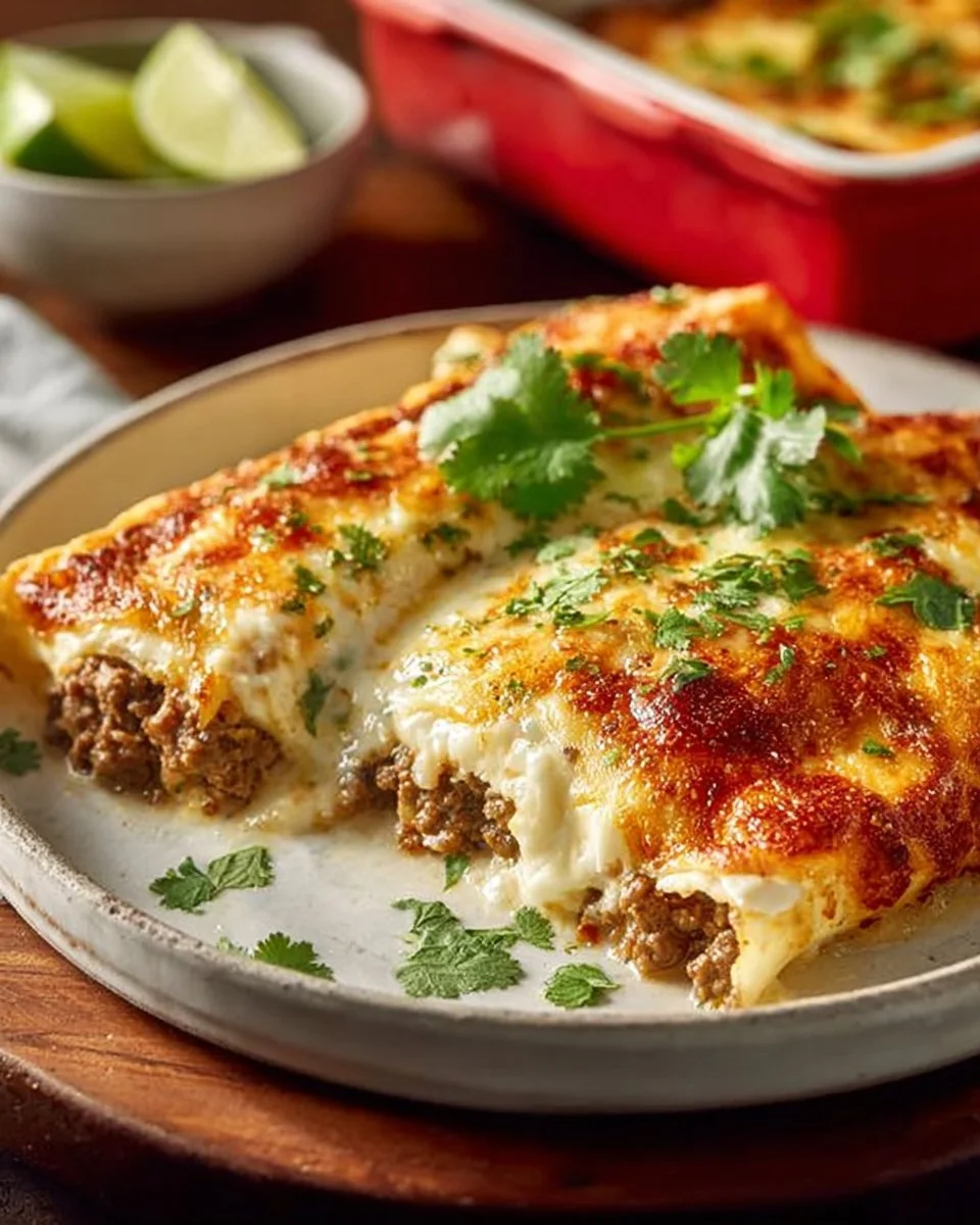Delicious quick beef enchiladas topped with creamy white sauce