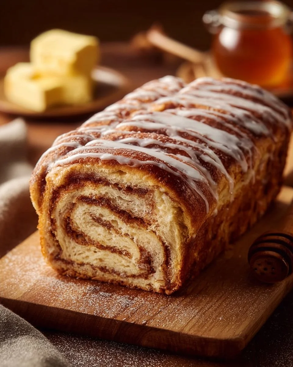 Loaf of quick and easy sourdough discard cinnamon bread fresh out of the oven