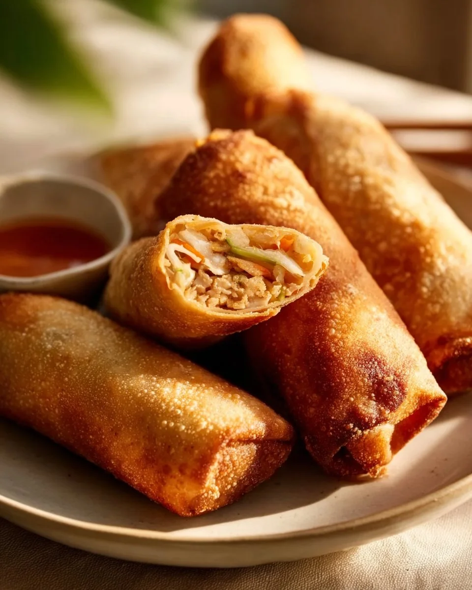 Crispy ground turkey egg rolls served with dipping sauce on a plate.