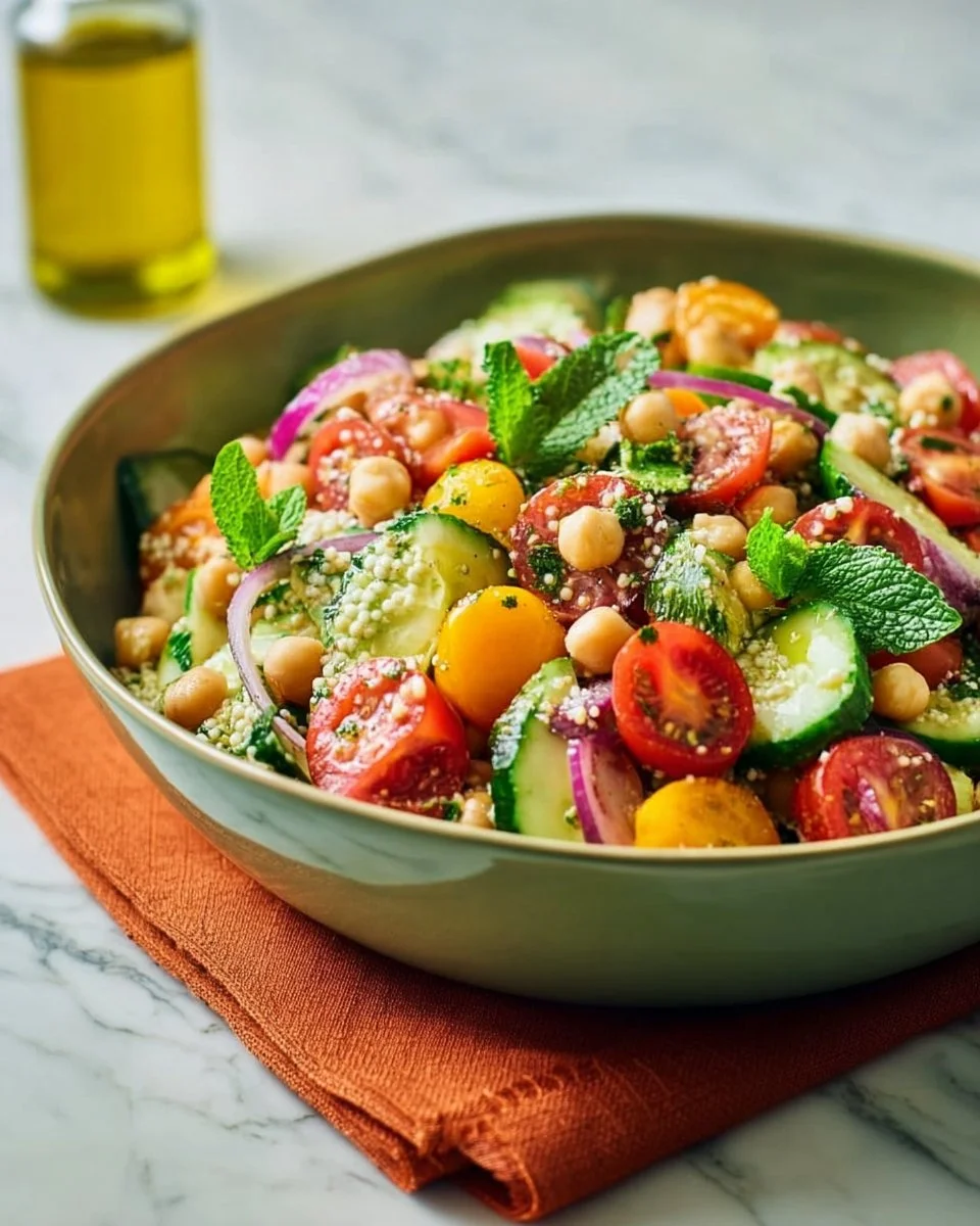 Colorful Mediterranean Couscous Salad with vegetables and herbs