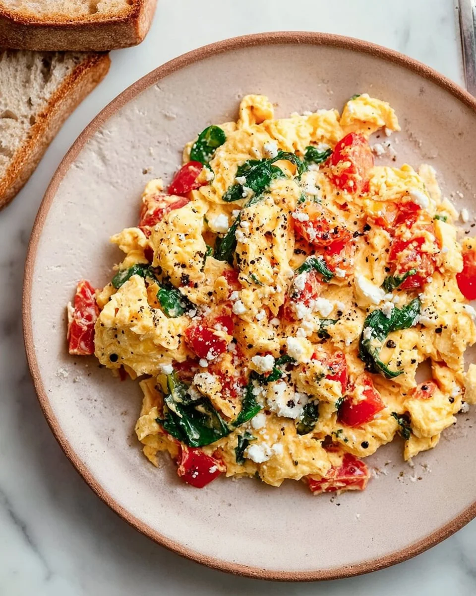 Plate of quick Mediterranean scrambled eggs with herbs and tomatoes