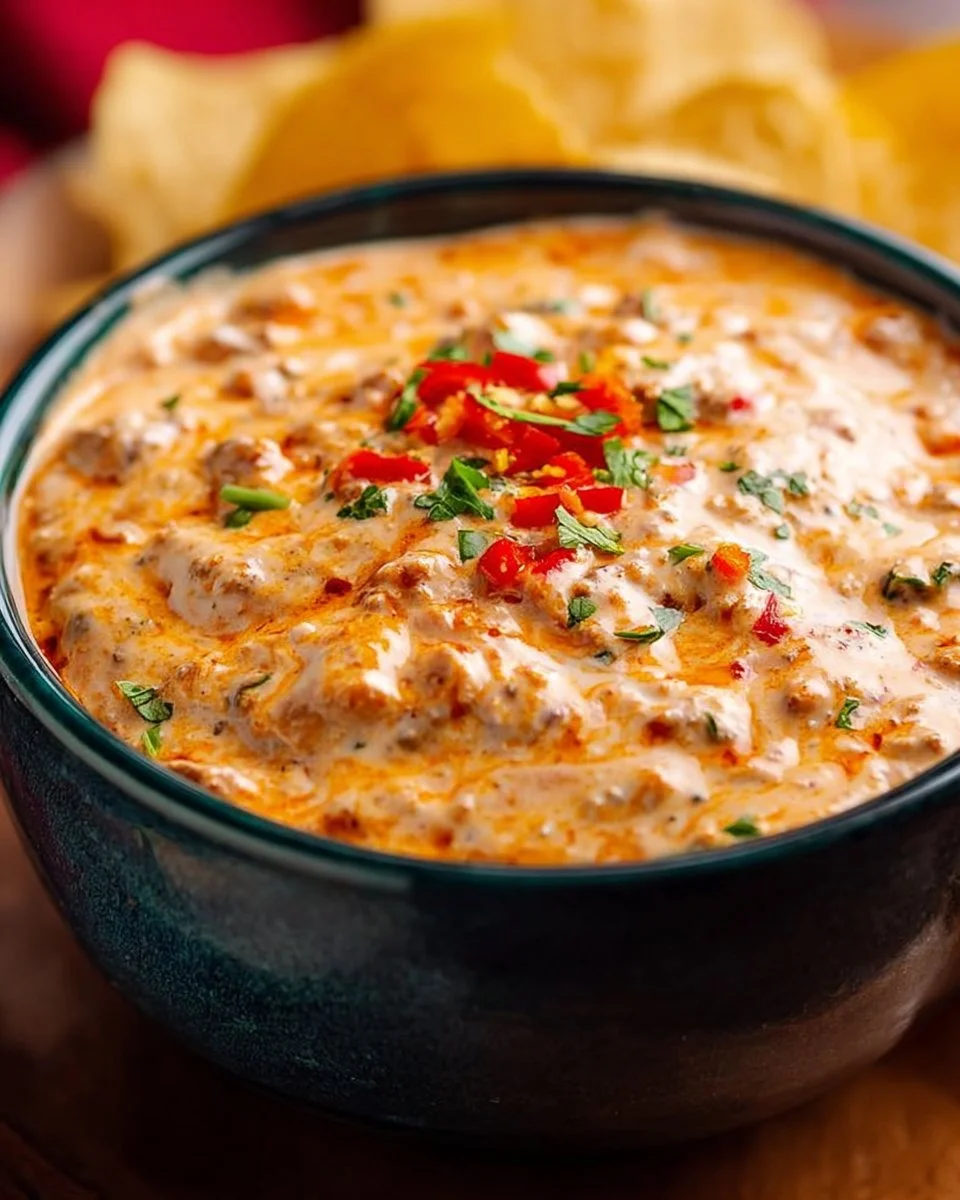 Delicious Quick Rotel Dip served in a bowl with tortilla chips
