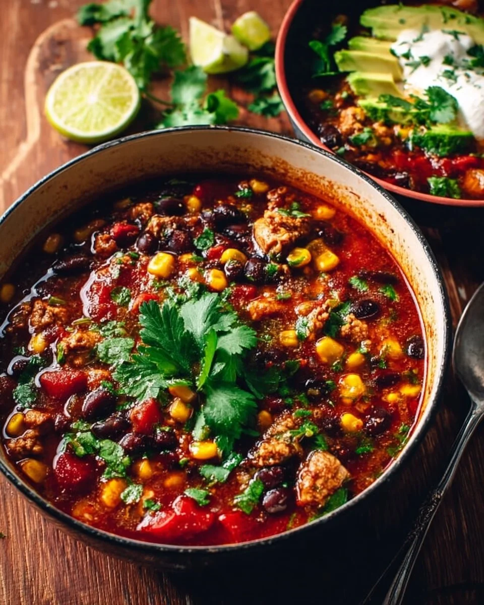 A bowl of quick Turkey Mince and Black Bean Soup garnished with herbs