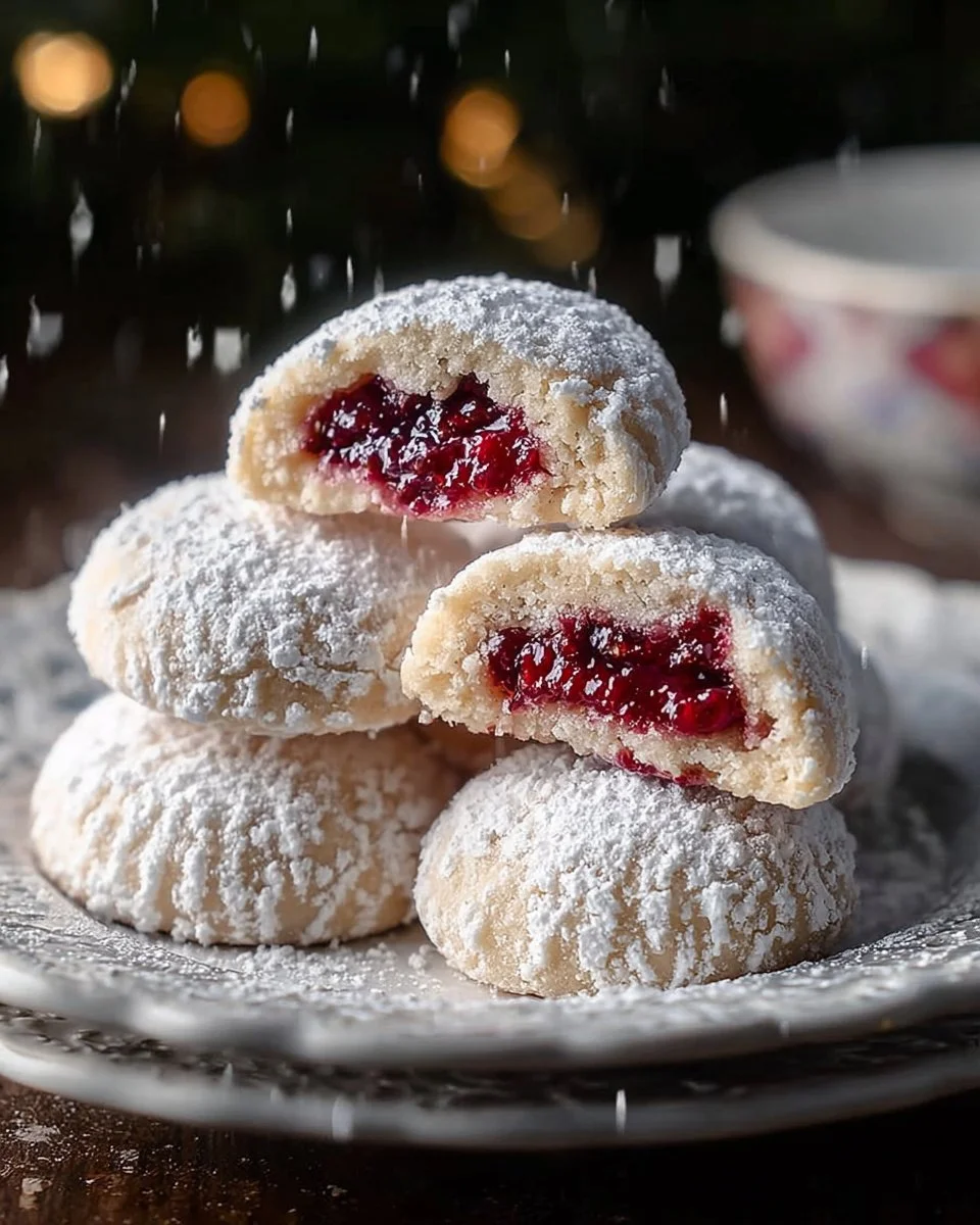Delicious Raspberry-Filled Almond Snow Cookies dusted with powdered sugar
