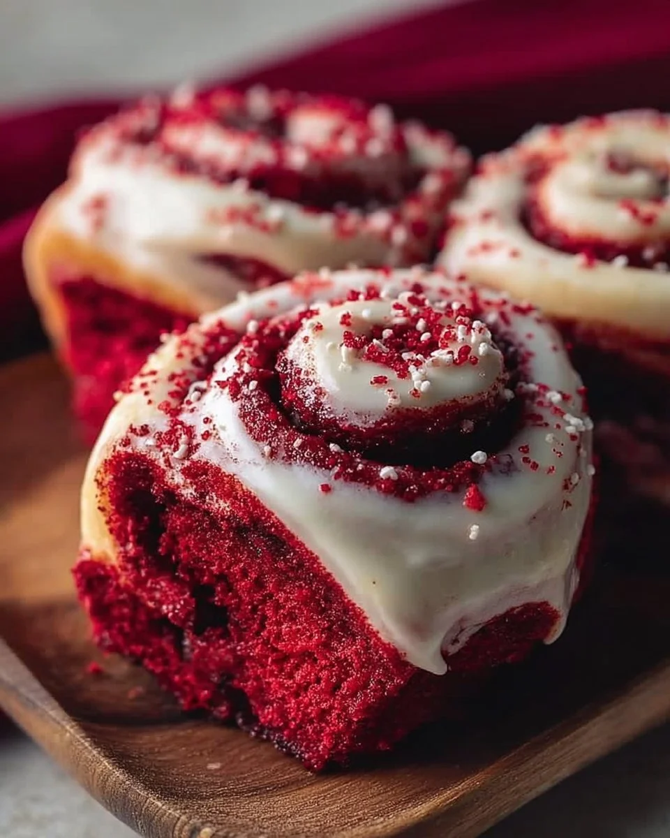 Red velvet cinnamon rolls topped with cream cheese icing for Valentine's Day