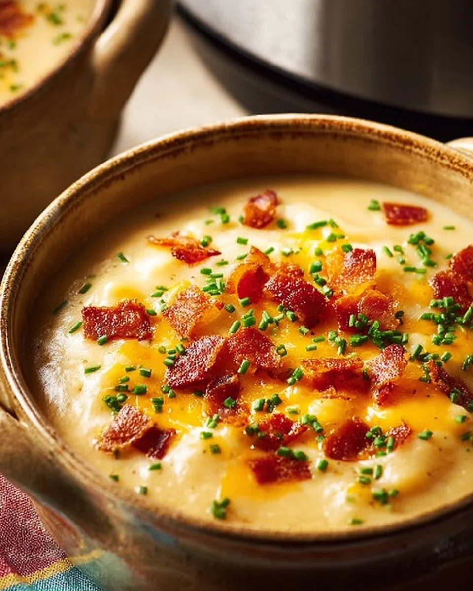 Bowl of rich Instant Pot potato soup topped with herbs and spices