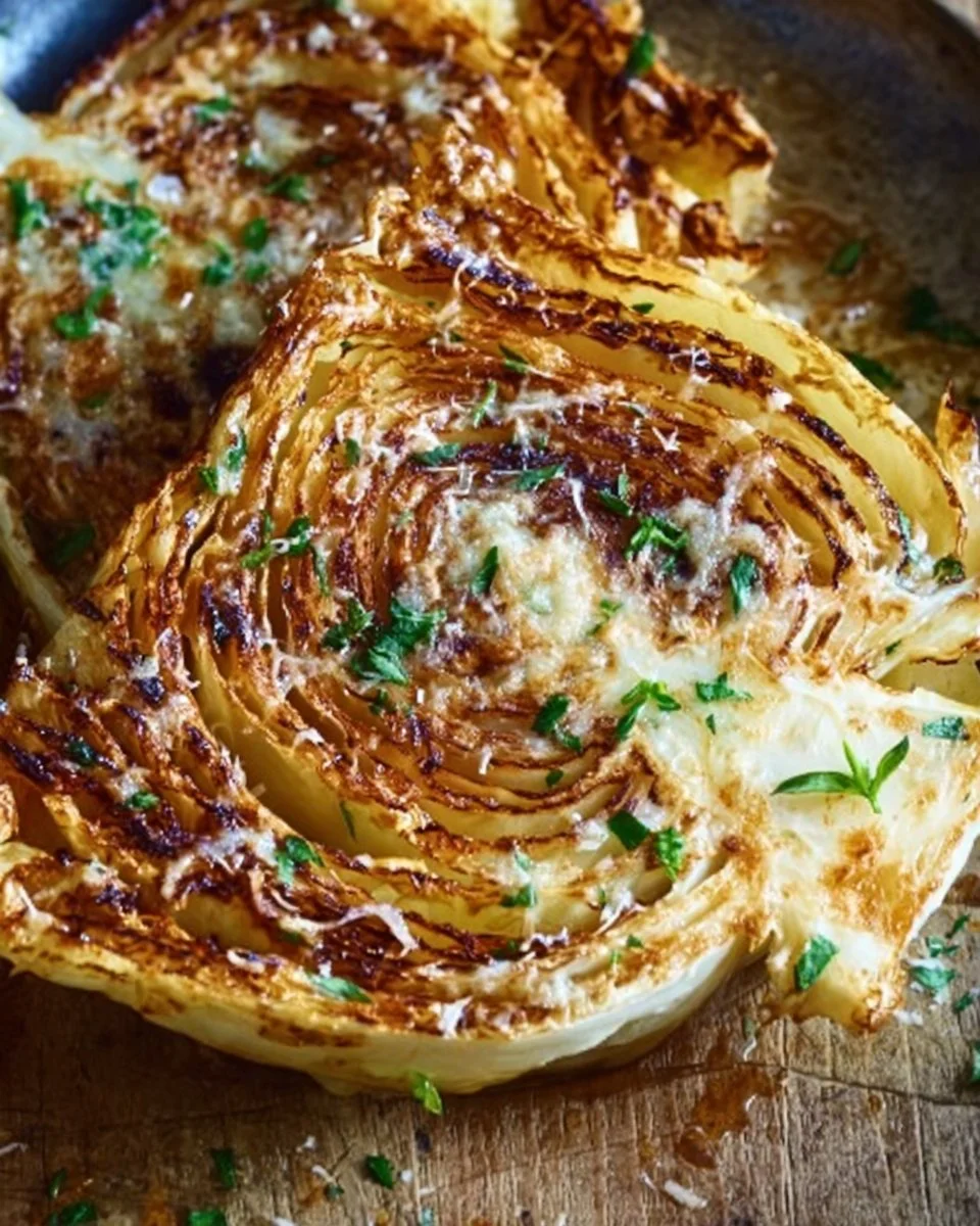 Roasted garlic parmesan cabbage wedges on a serving plate