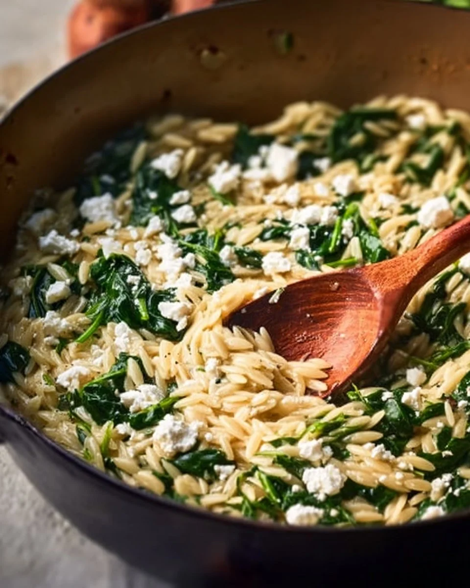 Simple one pan orzo dish with spinach and feta in a skillet