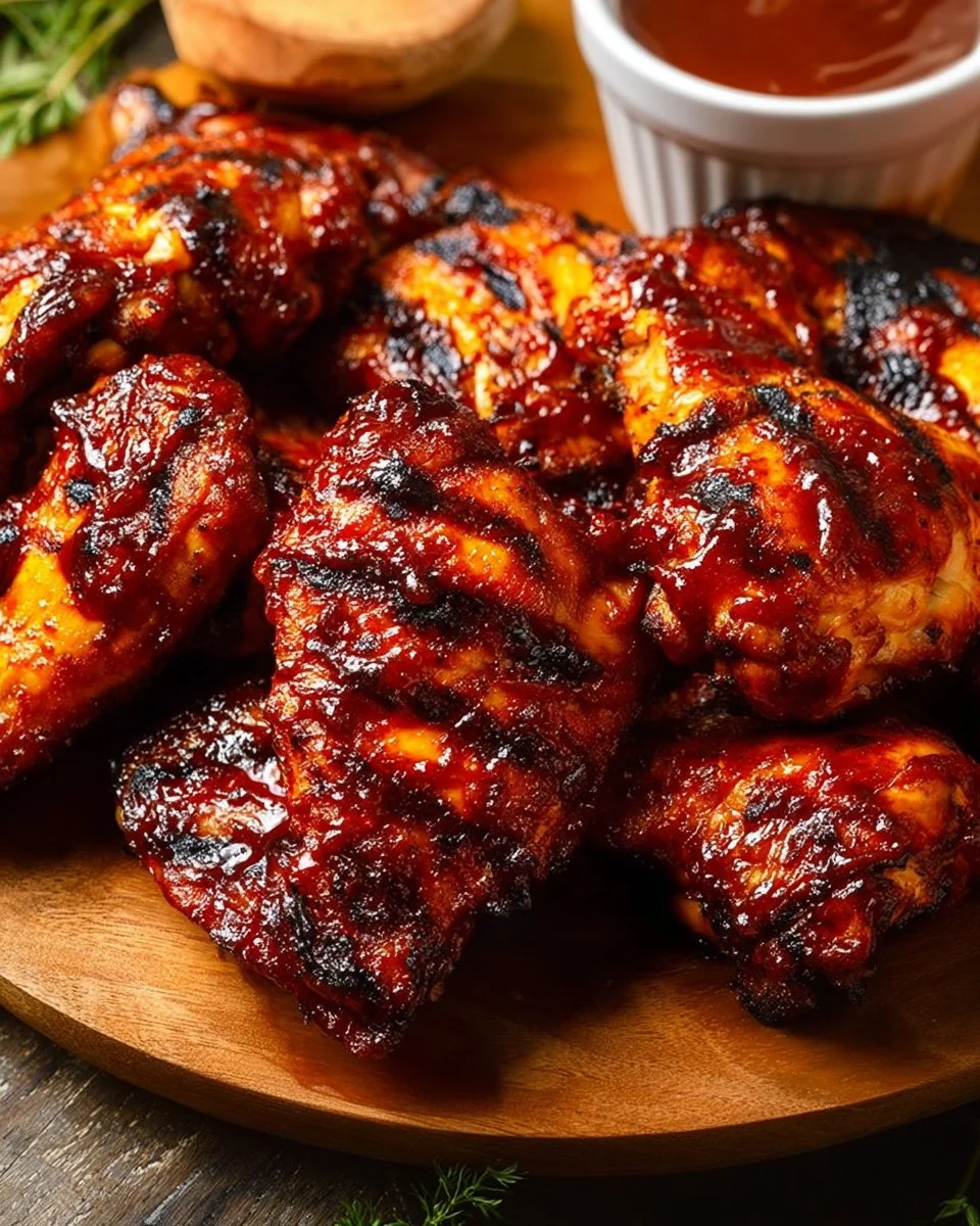 Delicious smoky BBQ chicken on the grill with a rich glaze