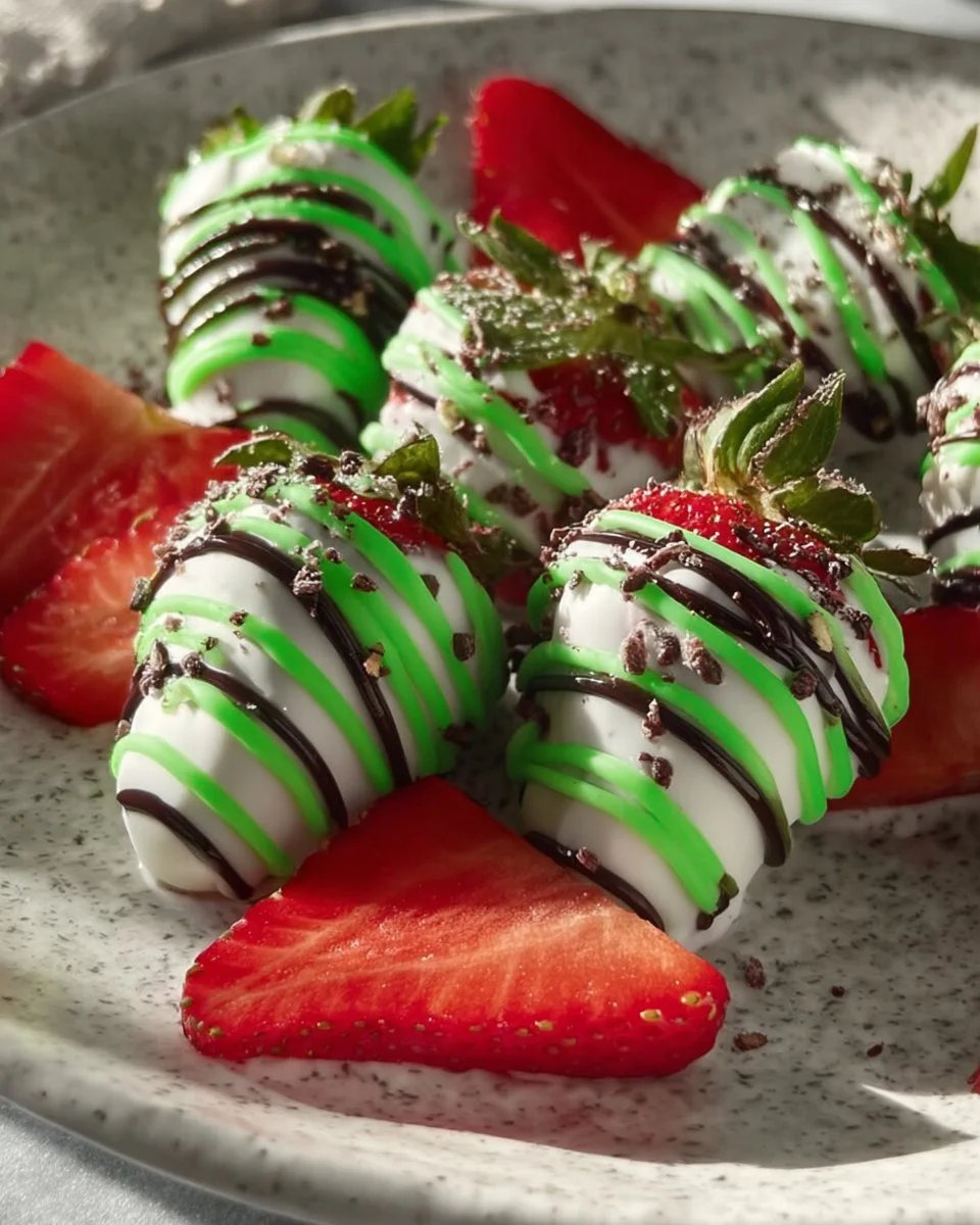 St. Patrick's Day themed chocolate-covered strawberries decorated with green sprinkles.