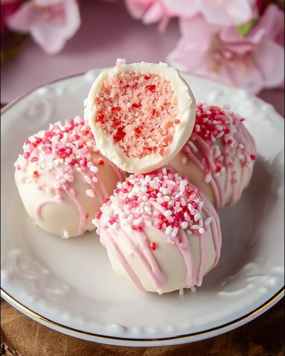 Delicious Strawberry Cake Truffles decorated with fresh strawberries