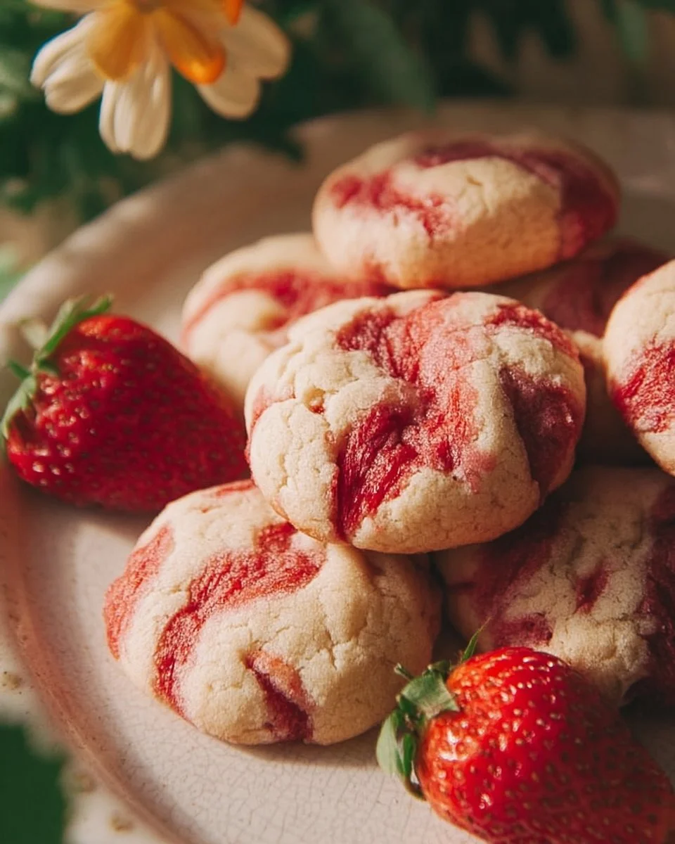 Delicious strawberry cheesecake cookies with creamy frosting and strawberry topping
