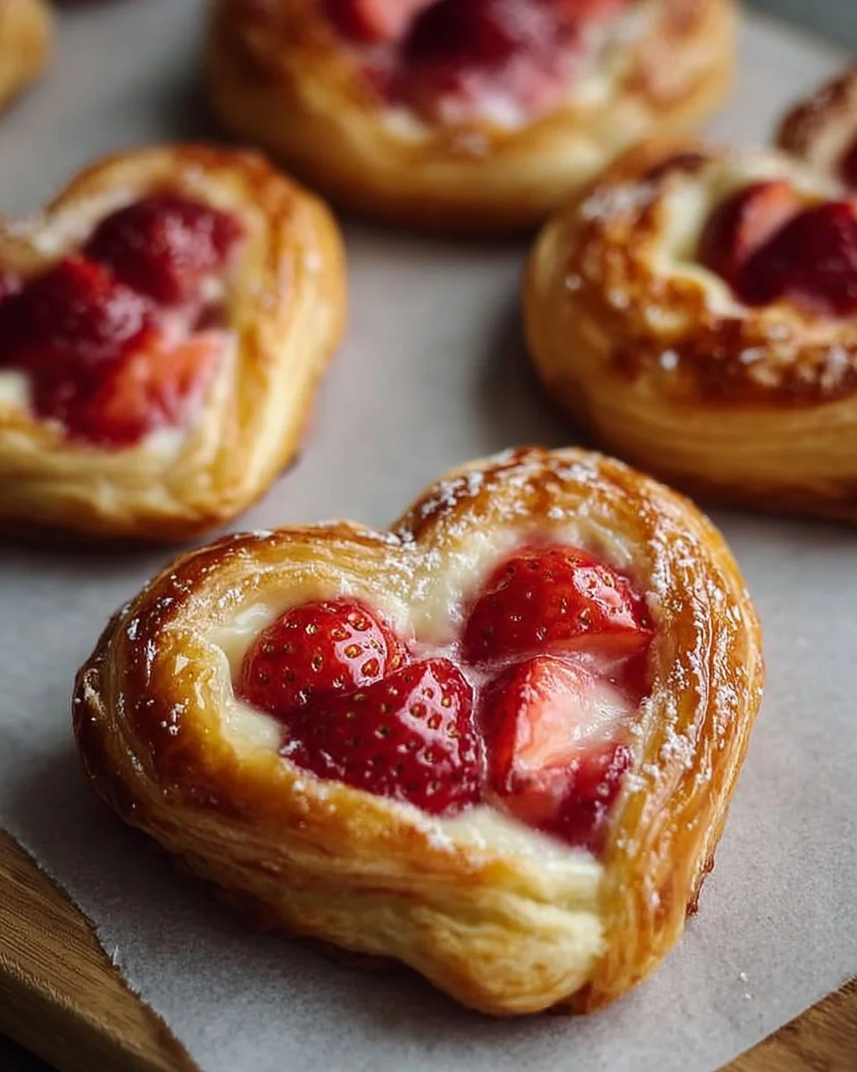 Heart-shaped strawberry cream cheese danishes freshly baked and ready to enjoy.