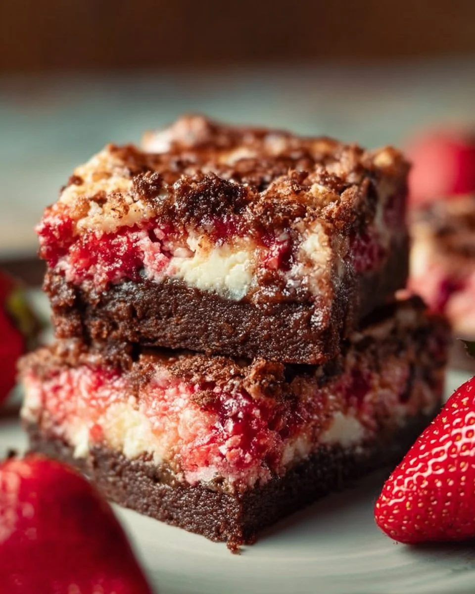 Delicious Strawberry Crunch Brownie Bars topped with strawberry crunch layer.