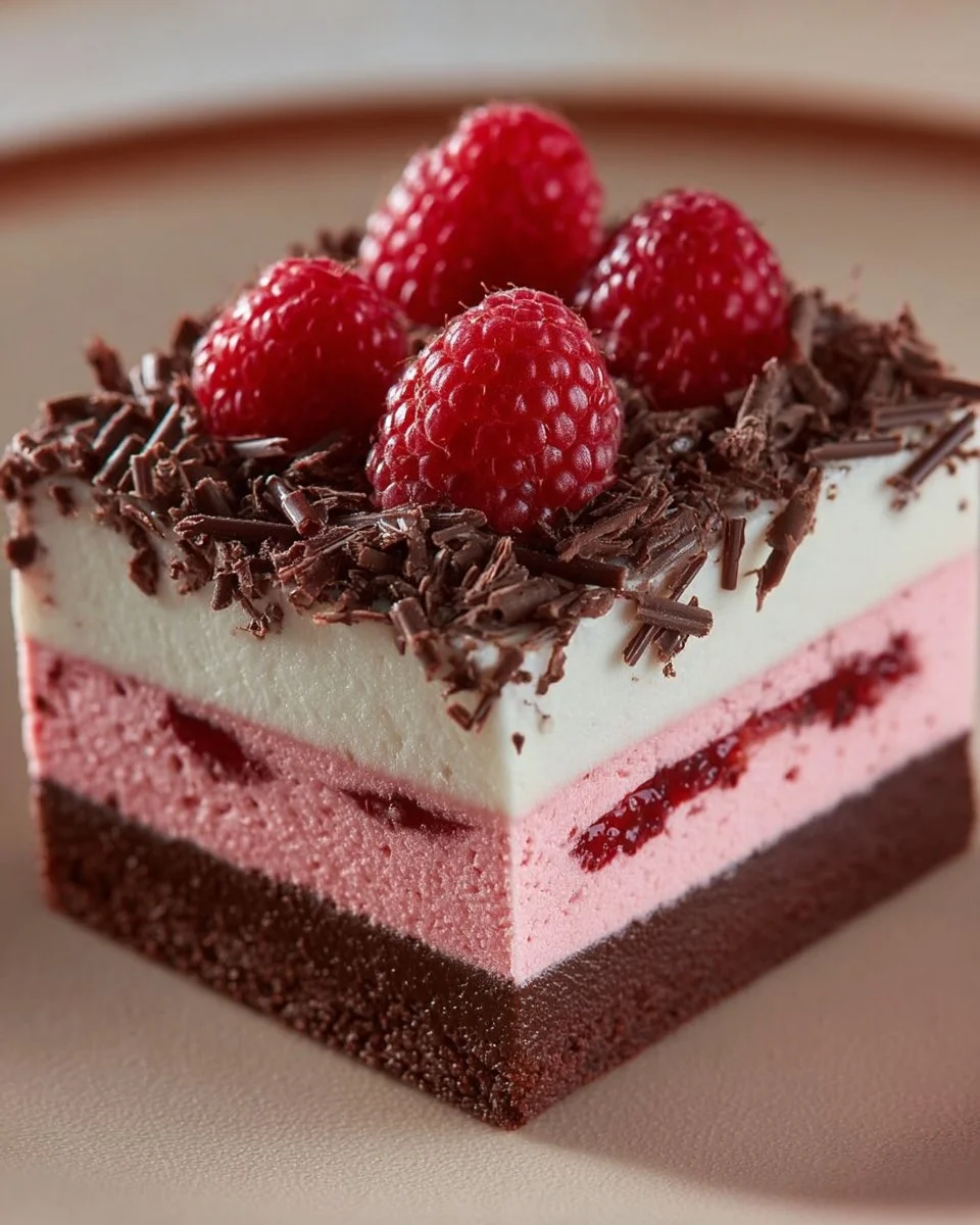 Stunning dark chocolate raspberry mousse cake garnished with fresh raspberries.