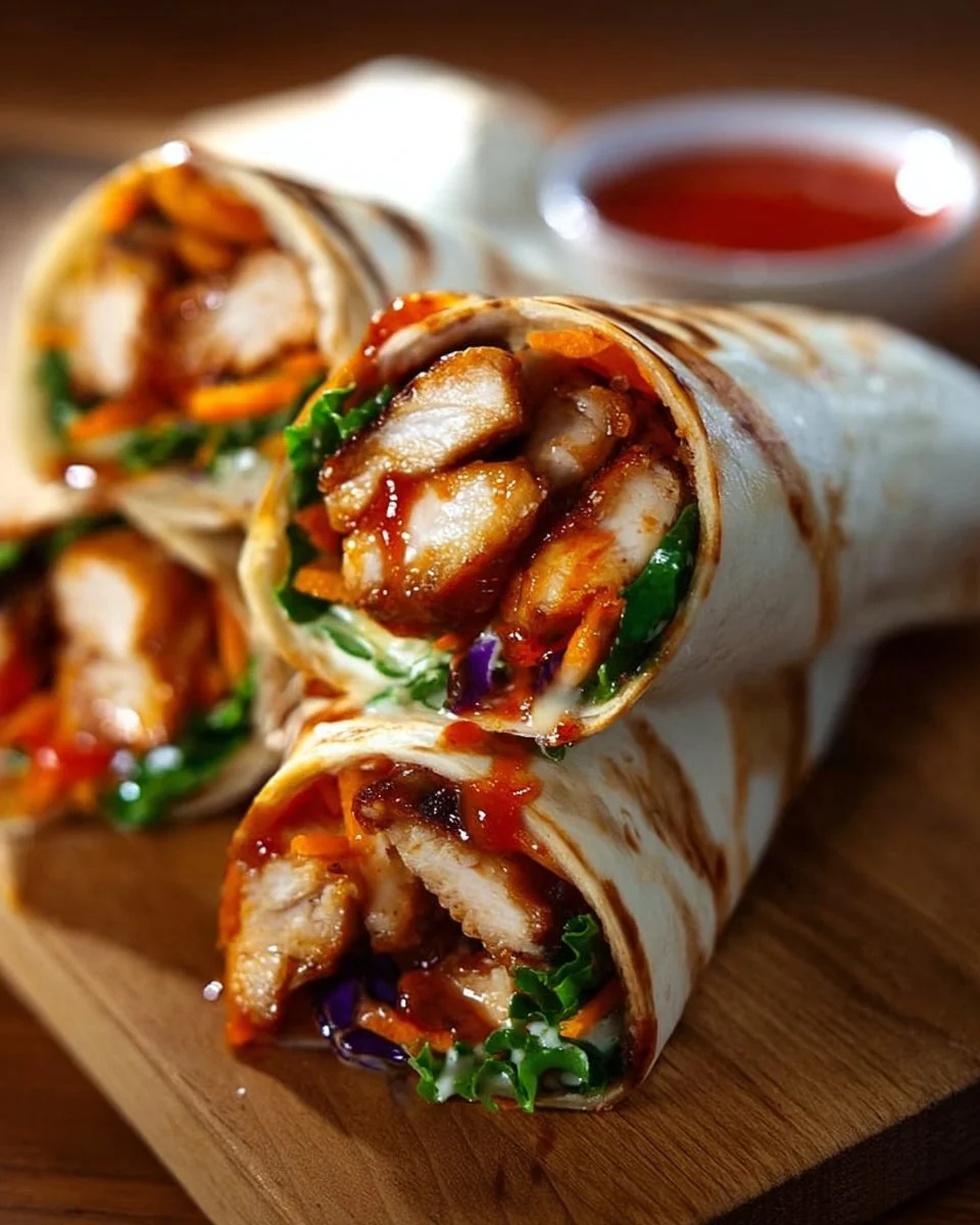 Delicious Sweet Chili Chicken Wraps served with fresh vegetables and sauce