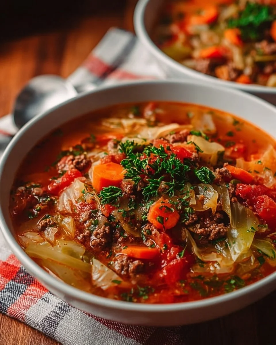 Bowl of tasty ground beef and cabbage soup with fresh herbs