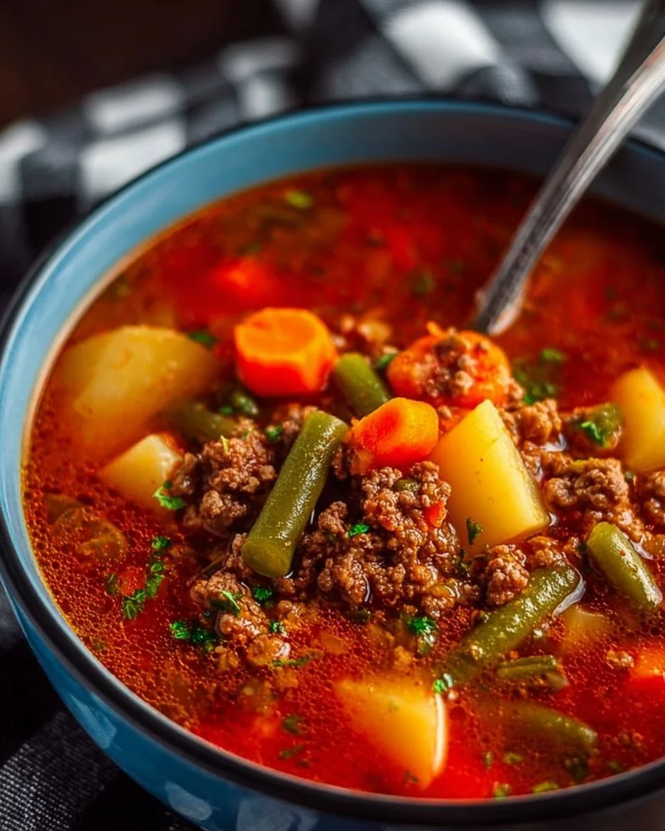 Bowl of tasty ground beef soup with vegetables and herbs