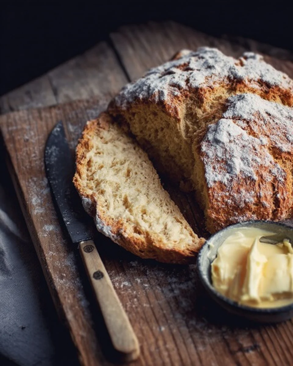 Homemade traditional Irish soda bread on a rustic wooden table.
