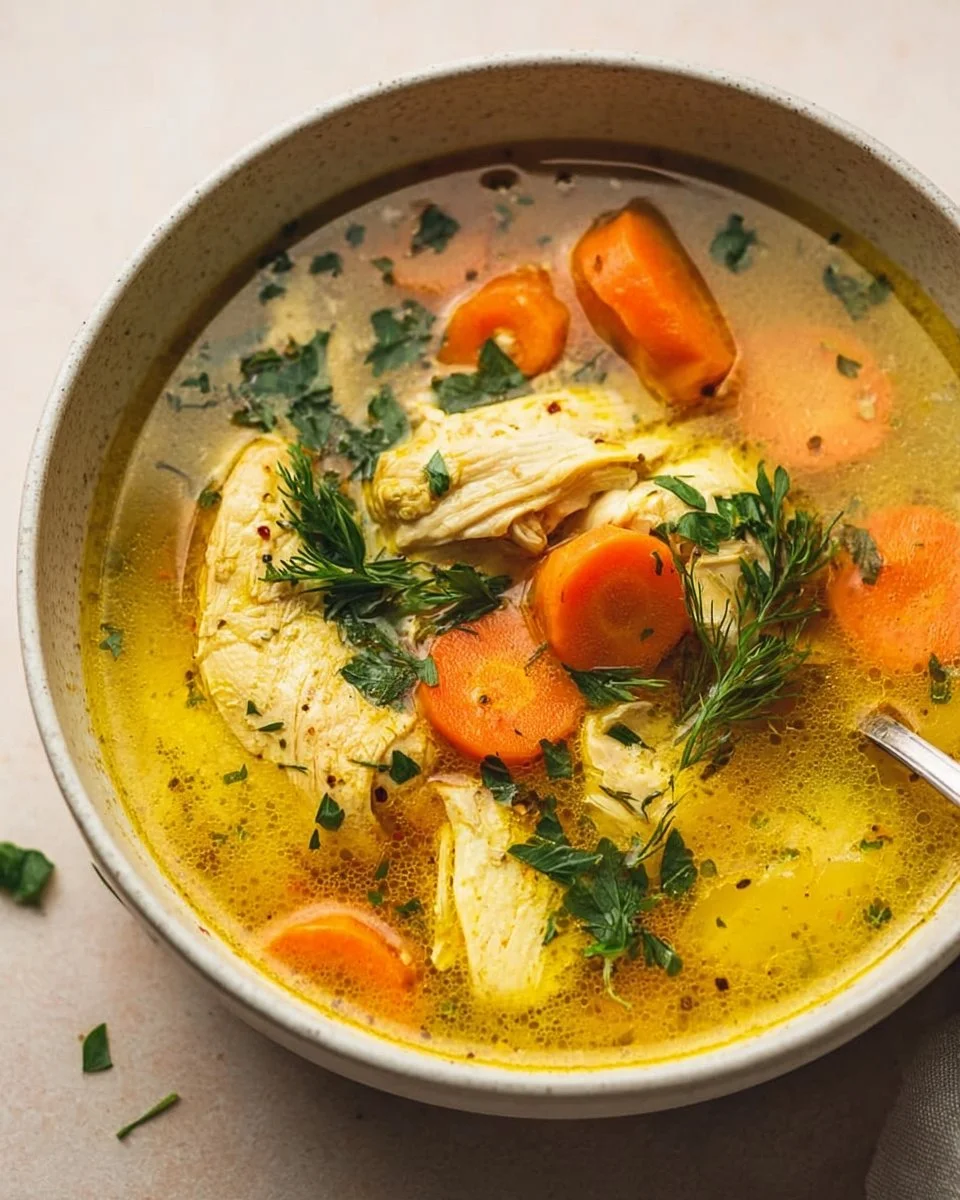 Bowl of turmeric chicken soup garnished with fresh herbs and spices