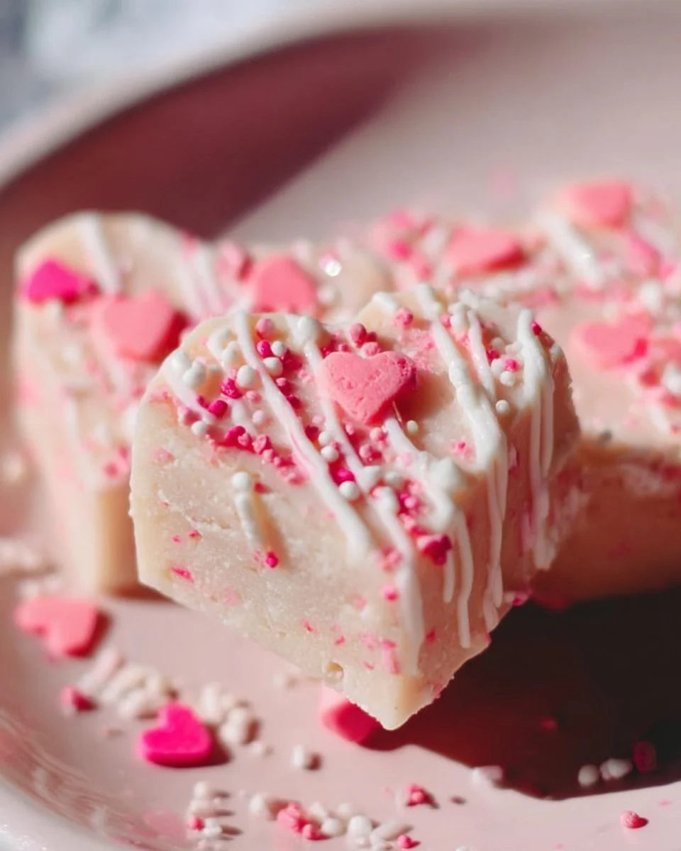 Valentine's Day sugar cookie fudge recipe with colorful sprinkles