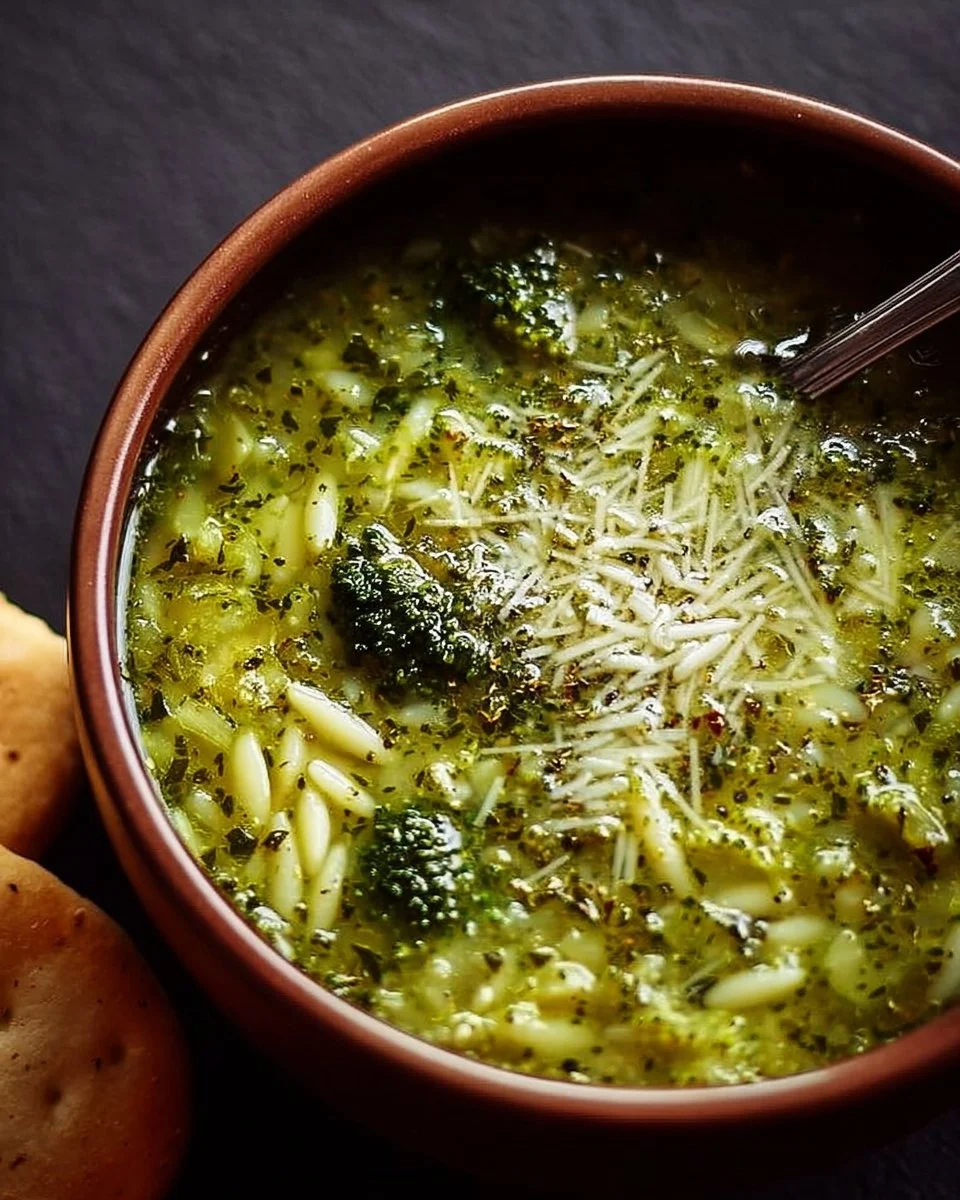 Bowl of warming Italian Broccoli Soup garnished with fresh herbs
