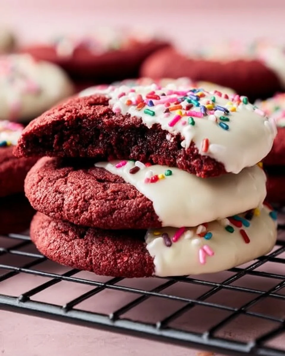 Plate of white chocolate red velvet cookies with a milk glass