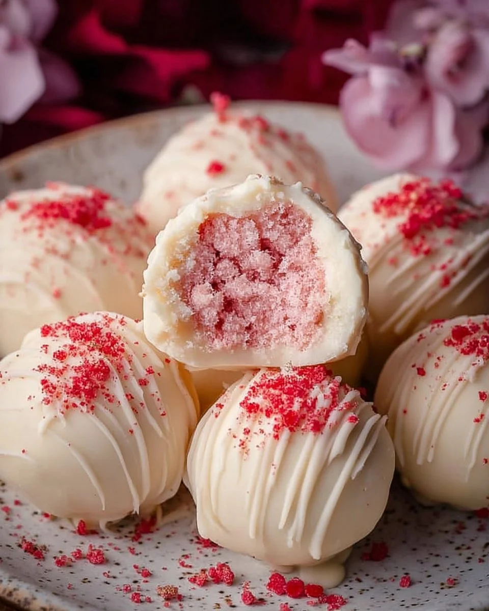 Delicious white chocolate strawberry truffles on a white plate