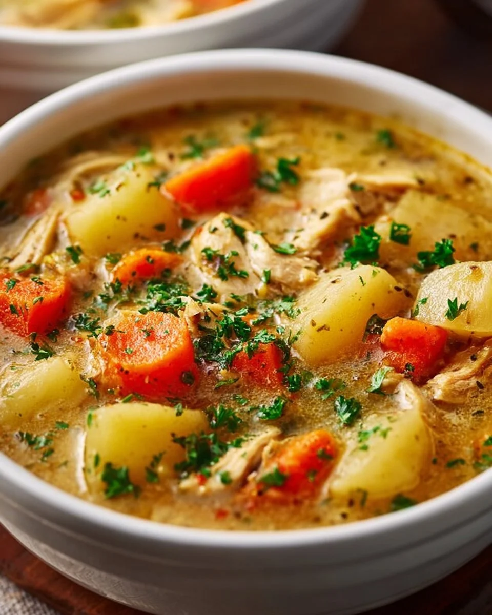 Delicious crockpot chicken potato soup with vegetables in a bowl