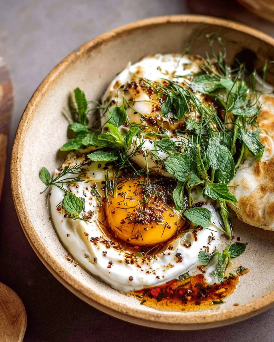 Za'atar eggs served with lemony yogurt and fresh herbs on a plate.