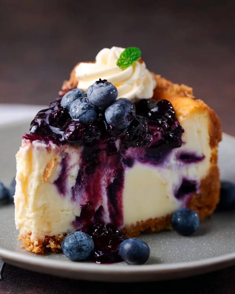 Delicious blueberry swirl cheesecake topped with fresh blueberries