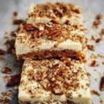 Delicious carrot cake blondies topped with creamy frosting and walnuts