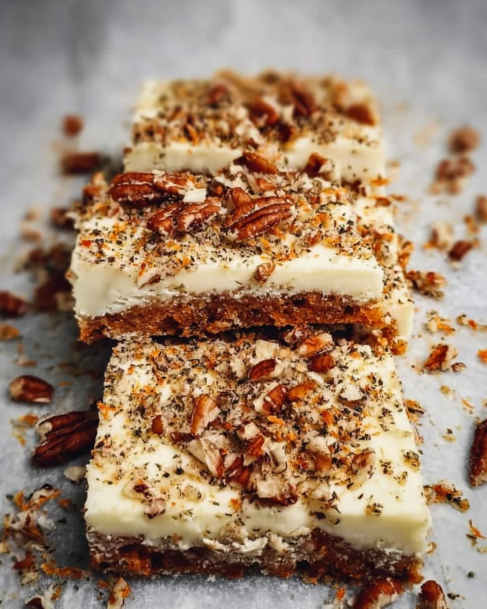 Delicious carrot cake blondies topped with creamy frosting and walnuts