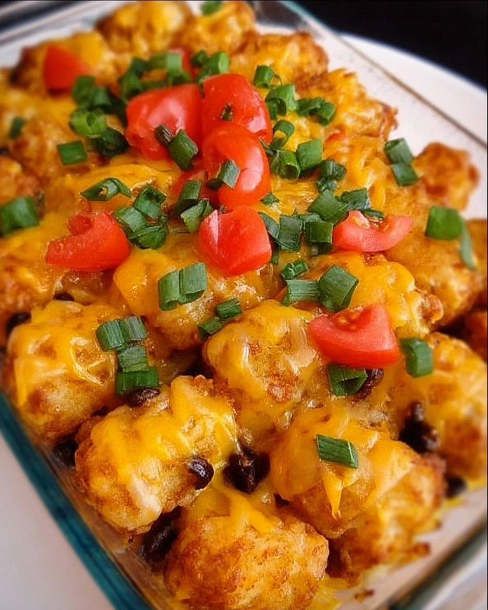 Cheesy Mexican Tater Tot Casserole served in a dish, garnished with herbs.