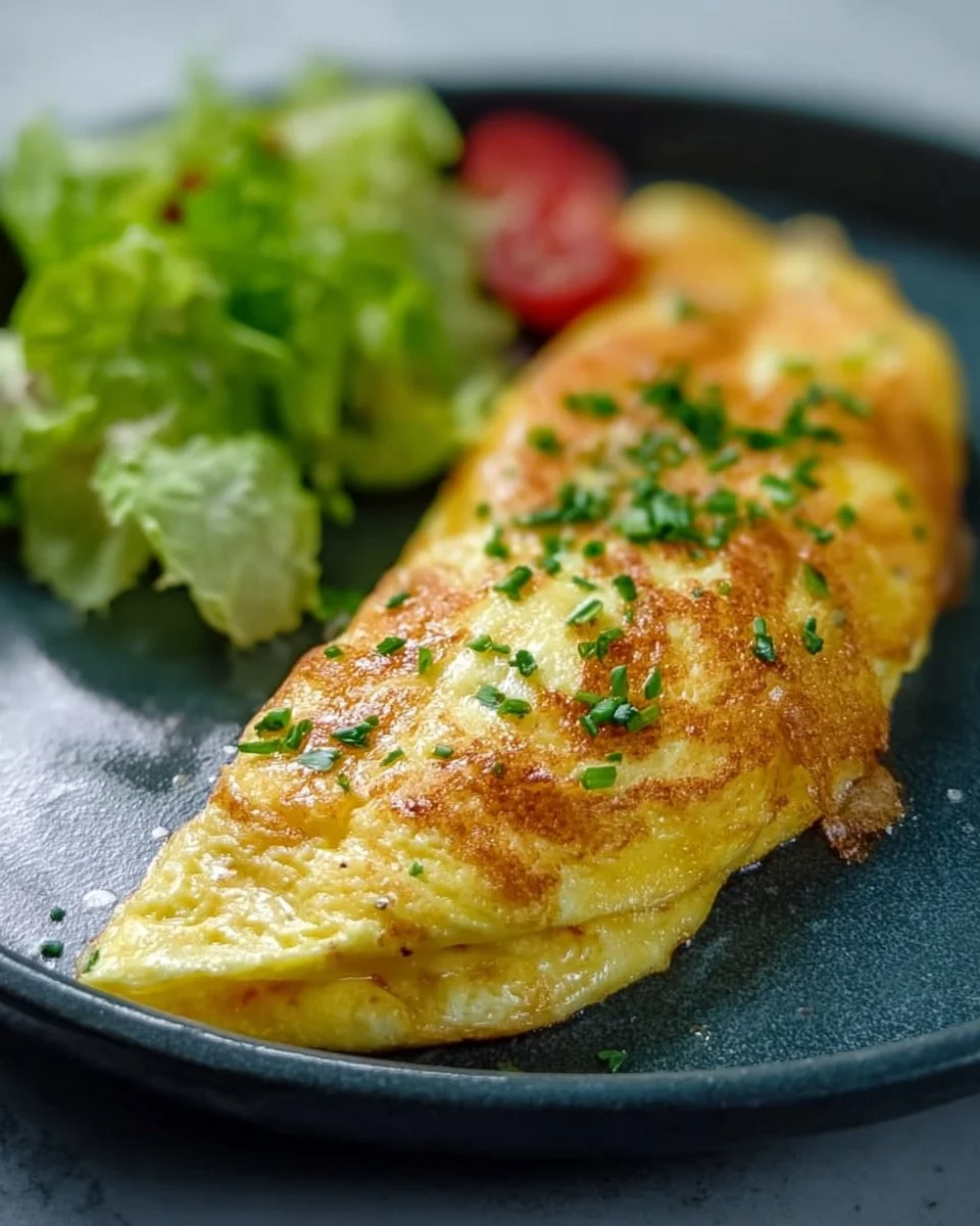 Delicious classic French omelette, light and fluffy, served on a plate.
