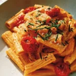 A bowl of creamy red pepper pasta garnished with herbs.