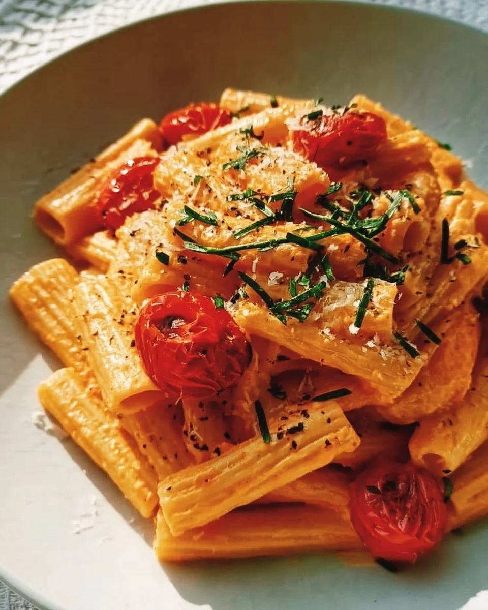 A bowl of creamy red pepper pasta garnished with herbs.