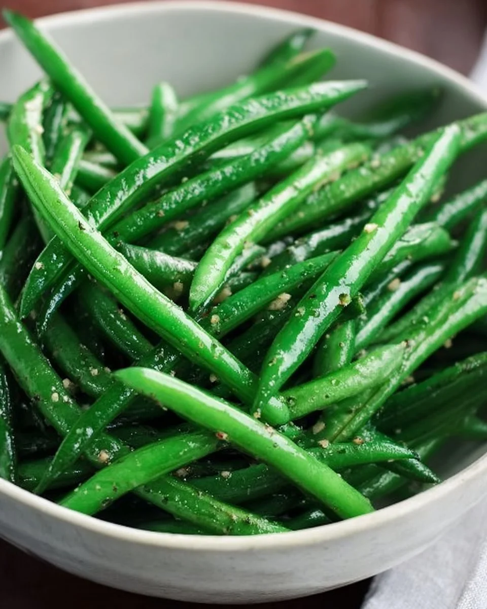 Bowl of crisp steamed green beans garnished with herbs