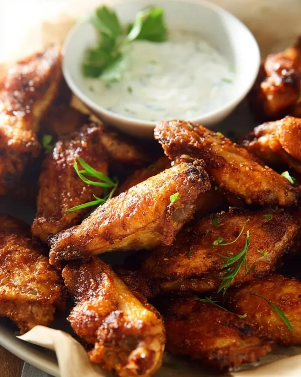 Plate of crispy baked chicken wings garnished with herbs