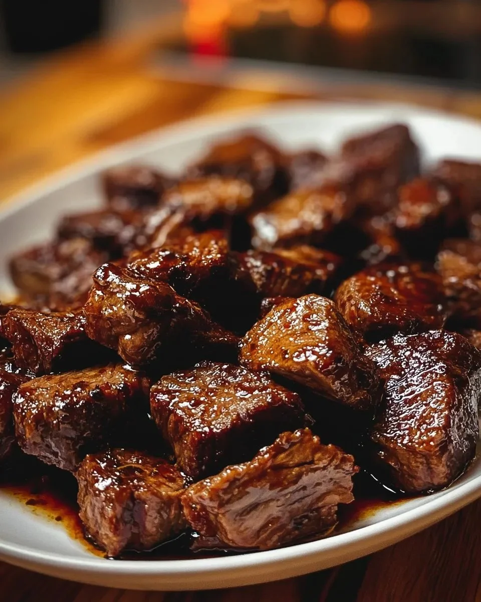 Delicious crockpot steak bites served with herbs and spices