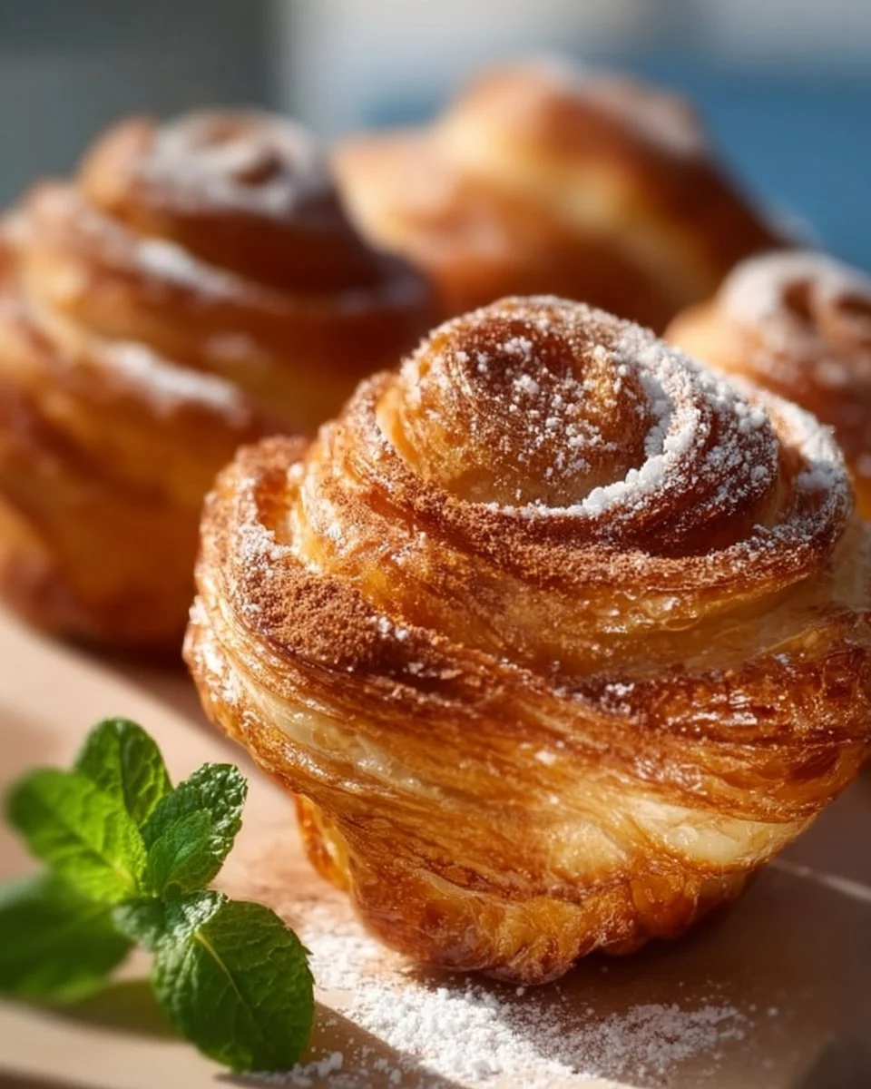 Freshly baked croissant muffins displayed on a rustic wooden table.