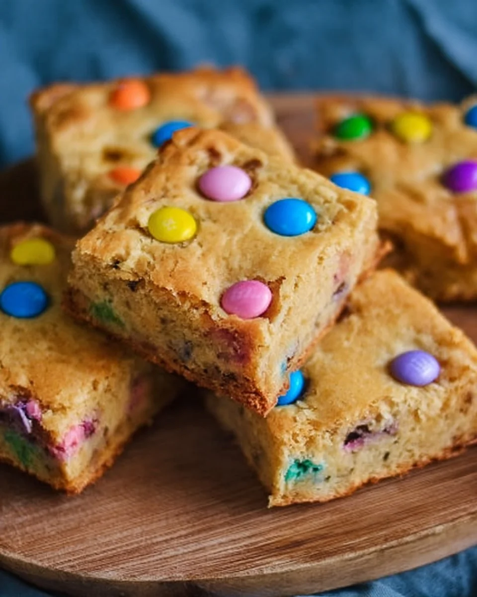 Easter Blondies topped with colorful M&Ms on a plate